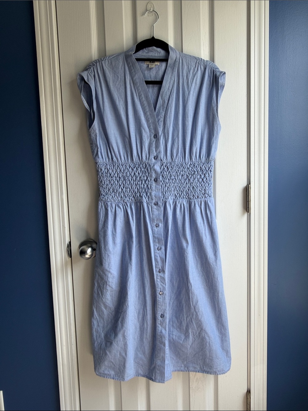 NAO Cotton Smocked Waist Button Front Dress Size M Light Blue